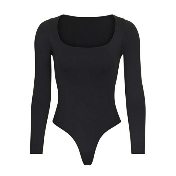 SKIMS Essential LONG SLEEVE SCOOP NECK Thong Bodysuit in Onyx Sm/Med NEW w… - Picture 4 of 7